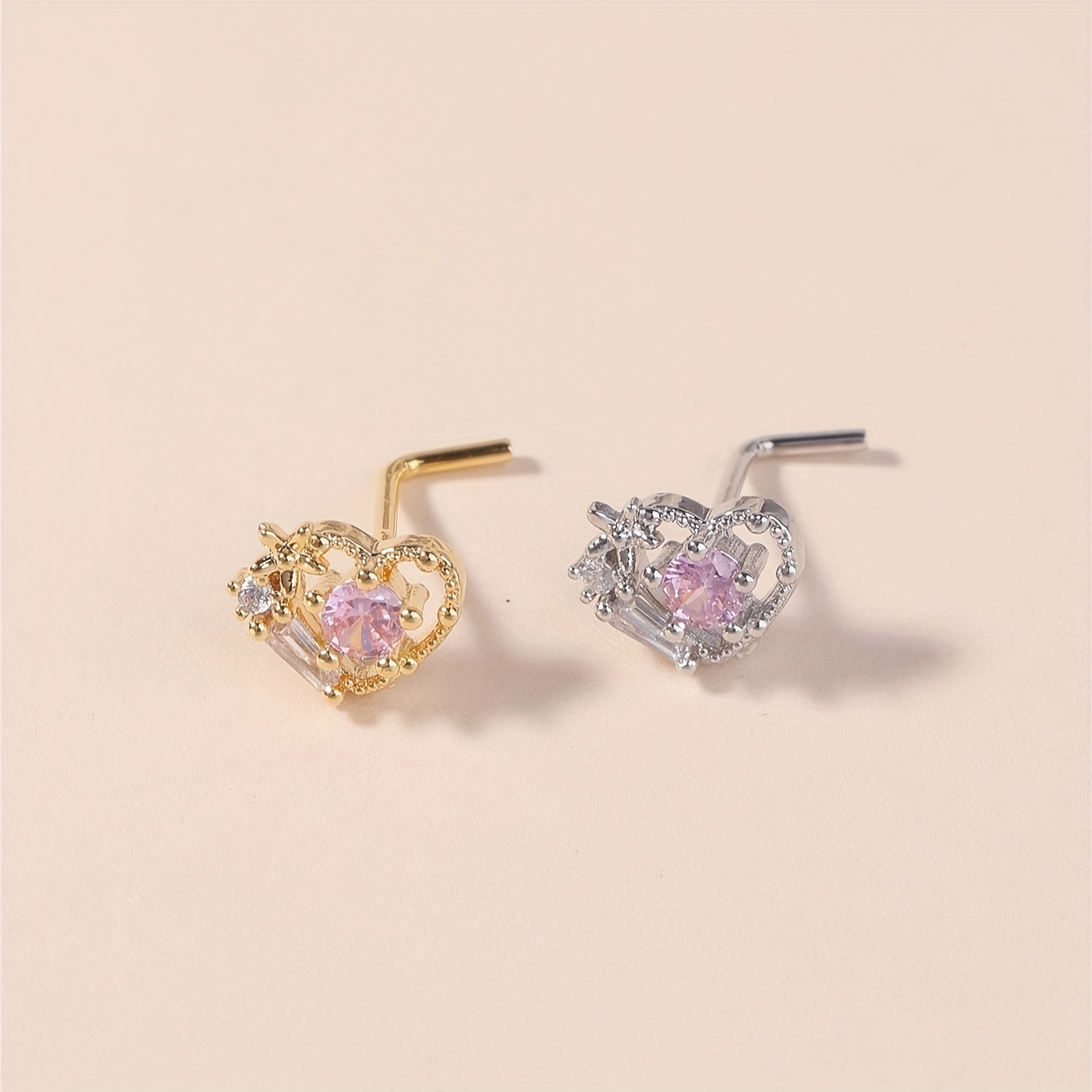 Women's Heart Pink CZ Nose Piercing Jewelry, Gift for Her